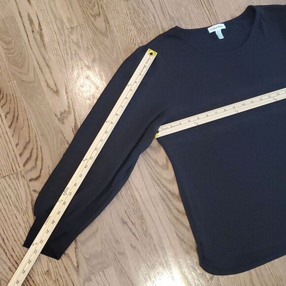 CALVIN KLEIN BLACK SHEER PUFF SLEEVE KNIT TOP SIZE LARGE MINIMALIST CAPSULE - Picture 10 of 10